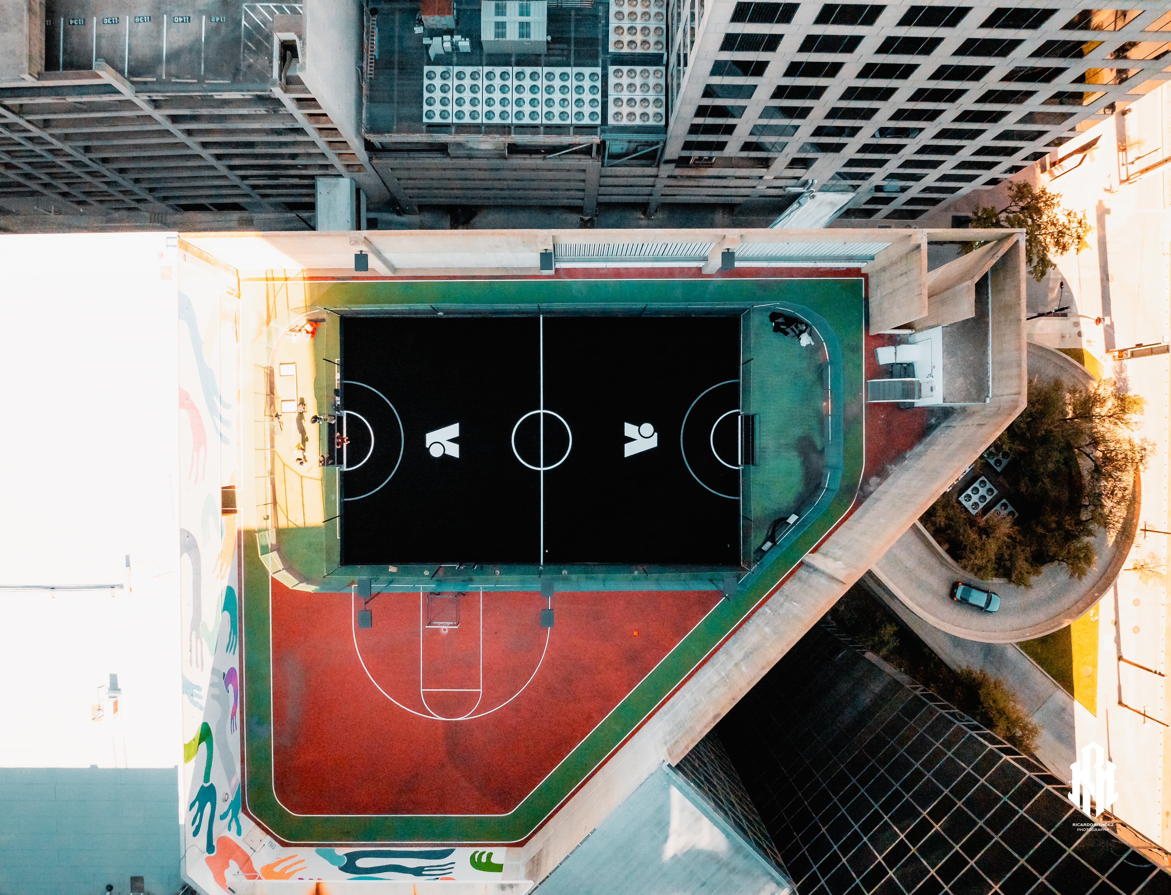 Aerial view of an urban futsal court